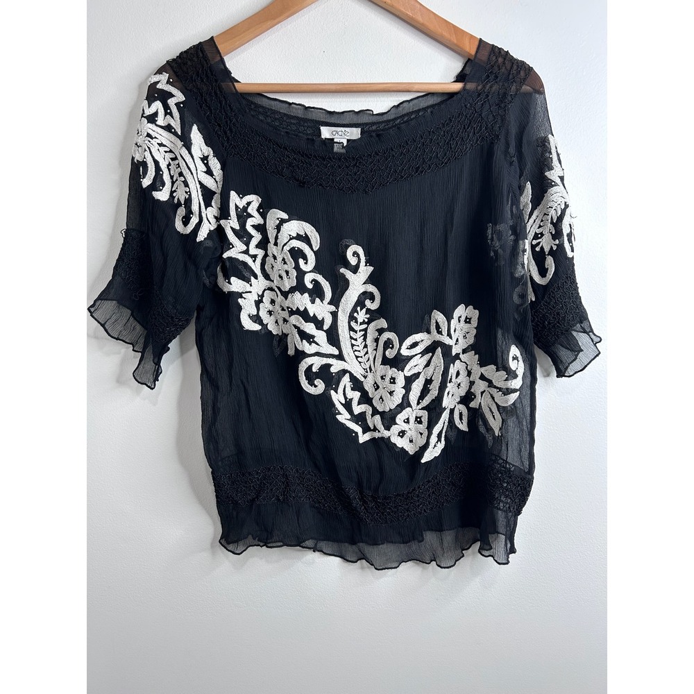 VTG Cache Black Sheer Chiffon Floral Embroidered Top L Y2K Whimsigoth Fairy Boho